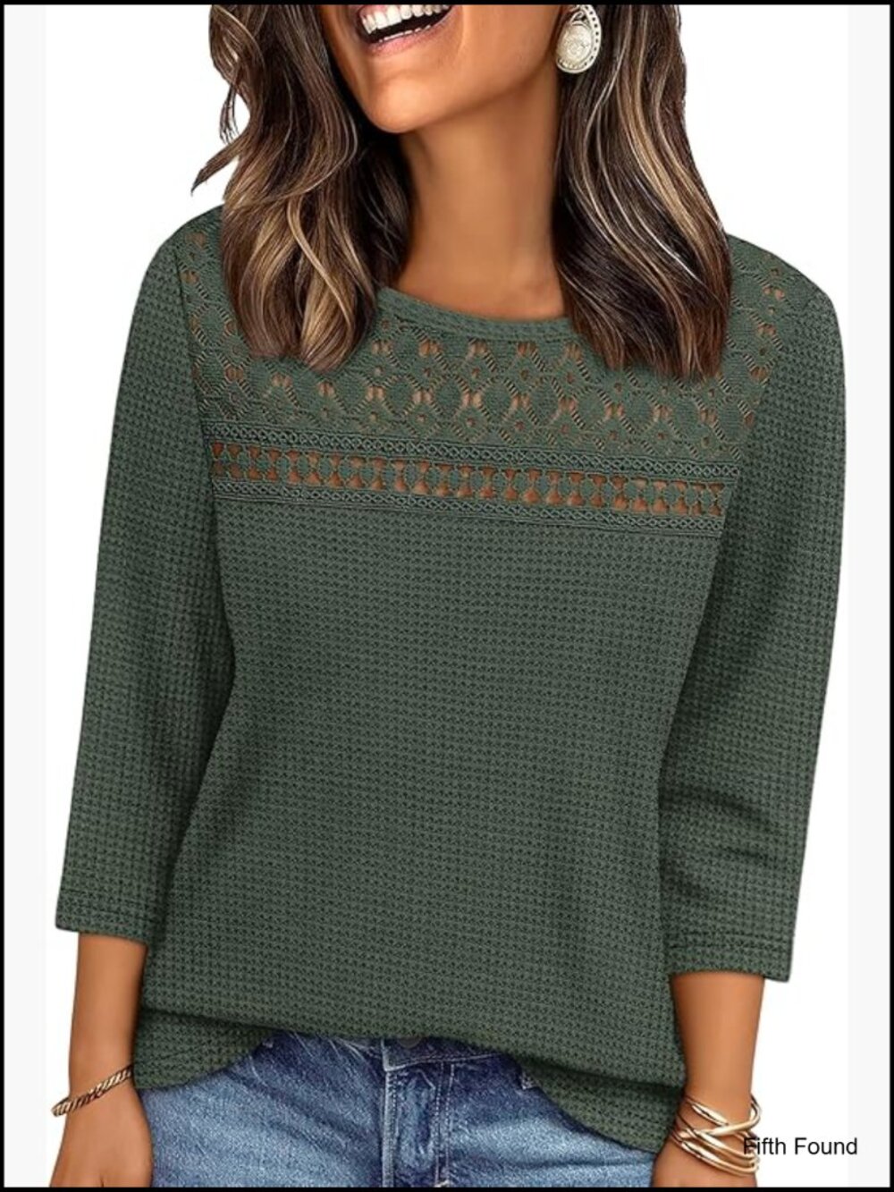 Waffle Knit Lace Blouse 3/4 Sleeve Dressy Casual Tunic Top